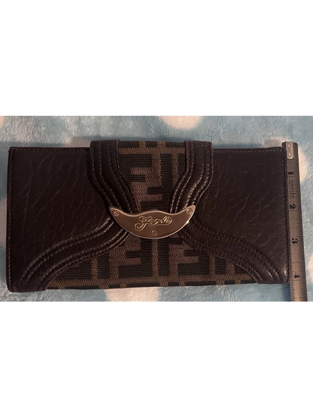 Fendi Brown Leather and Zucca Canvas Continental Wallet with Gold Plaque - Picture 9 of 13